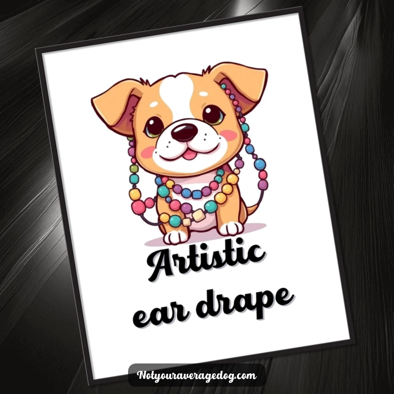Funny art print of a dog with its ears comically tangled in a string of colorful beads, adding whimsy to decor.