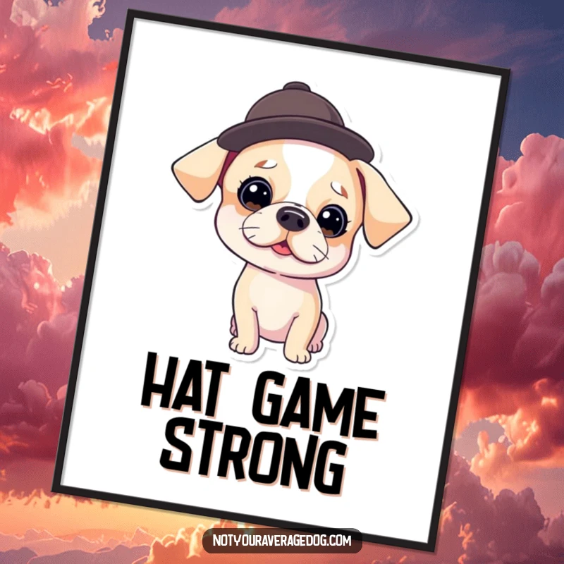 Funny Poster of a dog wearing a small hat tilted at a highly comical angle, radiating a sense of playful mischief and charm.