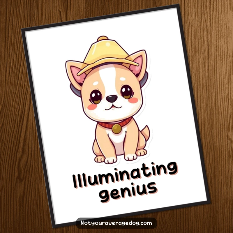 Funny dog confidently wearing a lampshade hat, depicted in a whimsical poster for humorous home decoration.