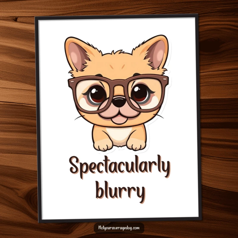 Funny art print of a dog trying to stylishly wear a pair of excessively oversized glasses.