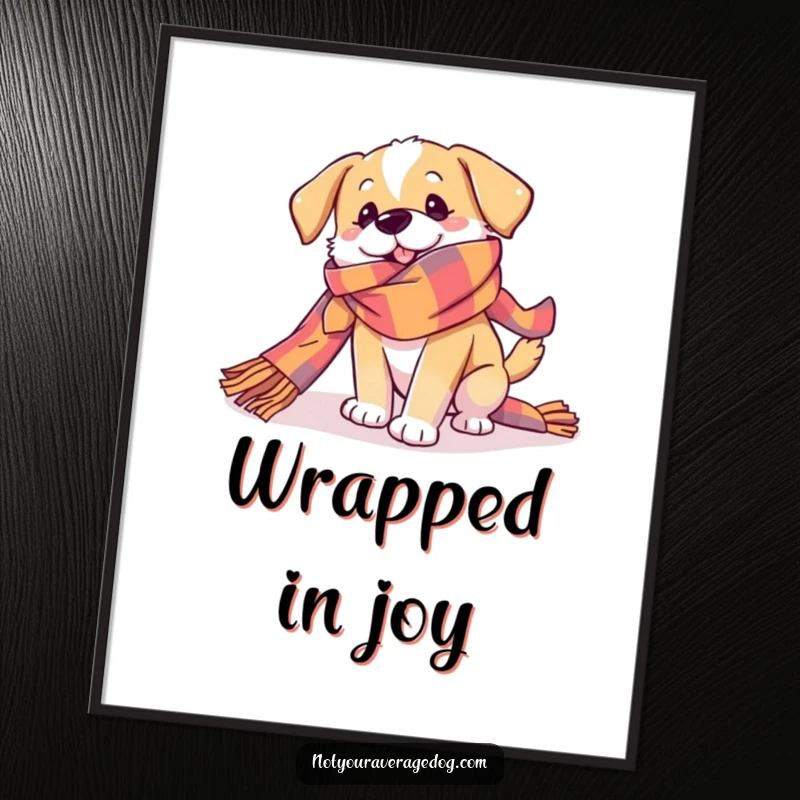 Funny Dog Poster showing a dog playfully getting tangled in a very long, colorful scarf, capturing a moment of adorable, humorous chaos.
