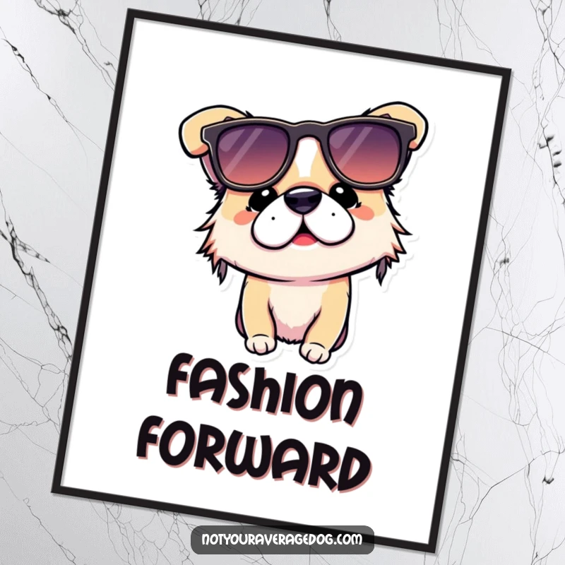 Funny dog poster capturing a dog adorably wearing sunglasses completely upside down, showcasing a comical style attempt.