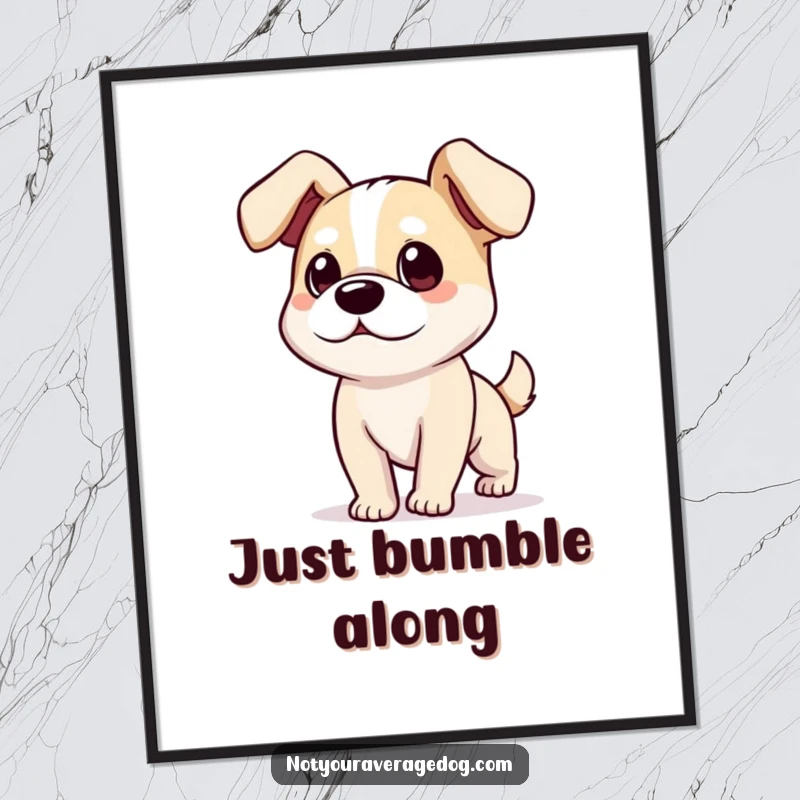 Funny silly dog with comically floppy ears bumbling along, depicted as a humorous wall poster.