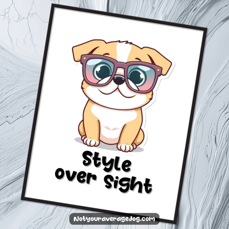Funny Glasses Dog Poster: Dog wearing oversized, comically shaped glasses, looking instantly cool and humorous.