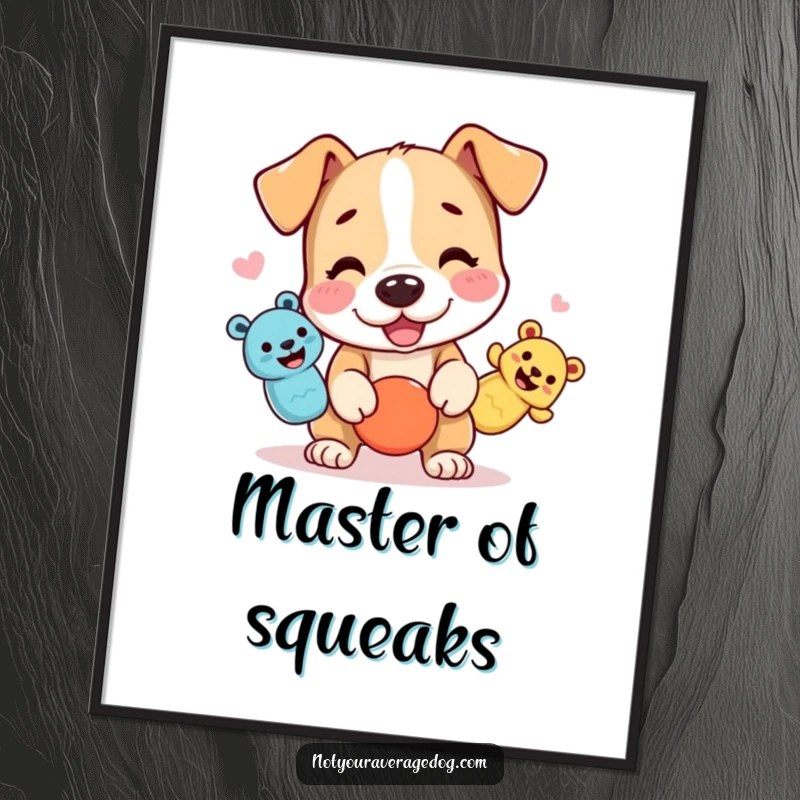 Funny dog poster showing a character juggling three squeaky toys with intense focus and playful intent.