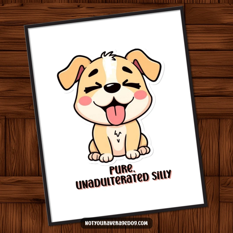 Funny stylized dog character with its tongue hanging out and eyes crossed, a humorous and vibrant poster for wall decor.