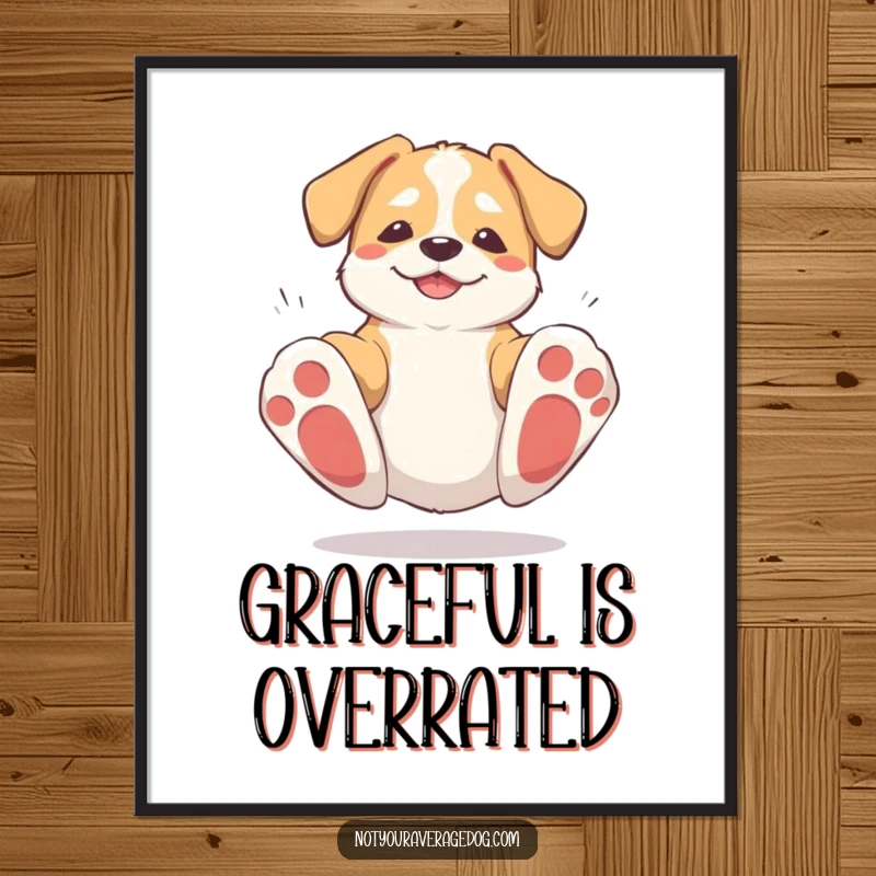 Funny art print of a dog tripping on its own large paws and then standing up with a determined, comical expression.