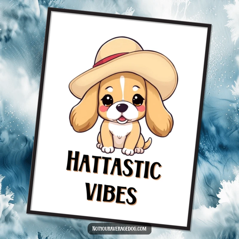 Funny dog in hat poster featuring a dog wearing a floppy hat tilted on its head, adding artistic canine flair.