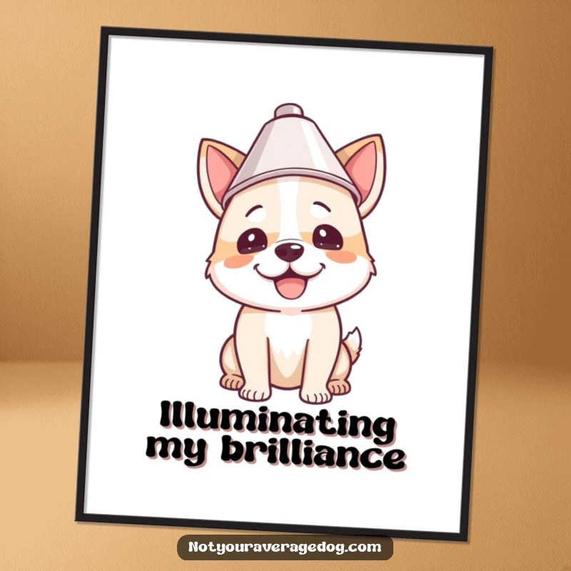 Funny poster illustration of a dog proudly wearing a lampshade on its head, embodying pure joy and lighthearted silliness.