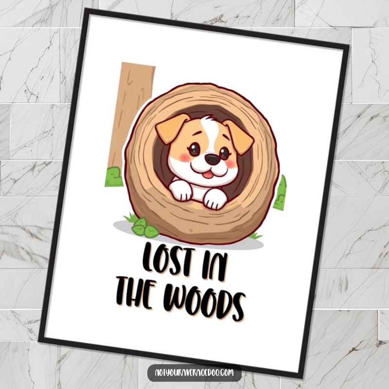 Funny dog looking confused with head inside a hollow log, presented as a humorous art print for wall decor.