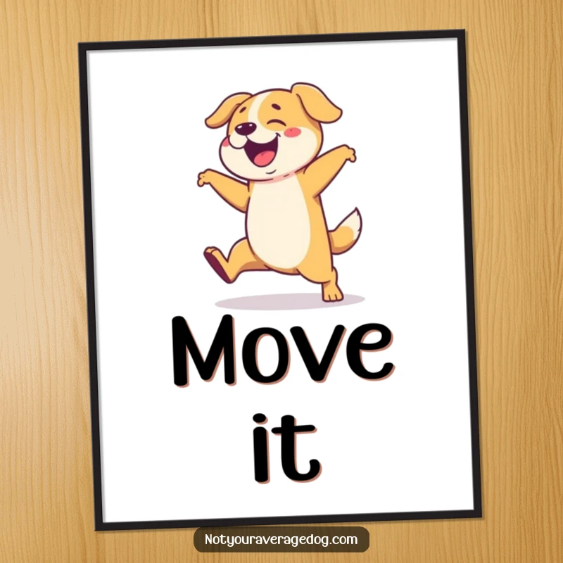 Funny poster art of a dog performing a very clumsy and exaggerated dance routine, radiating pure, uninhibited joy.