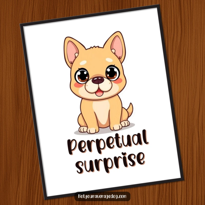 Funny Dog Poster: Dog face shows comical surprise with very wide, round eyes, creating humorous wall art.