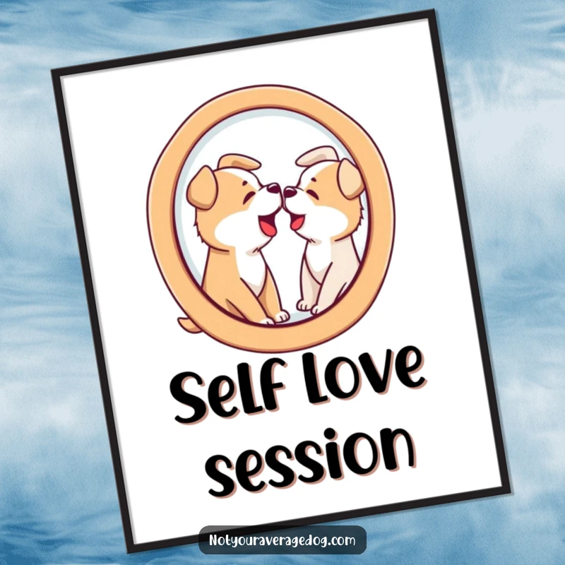 Funny art print of a dog barking at its own distorted reflection in a funhouse mirror shape, great for humorous decor.