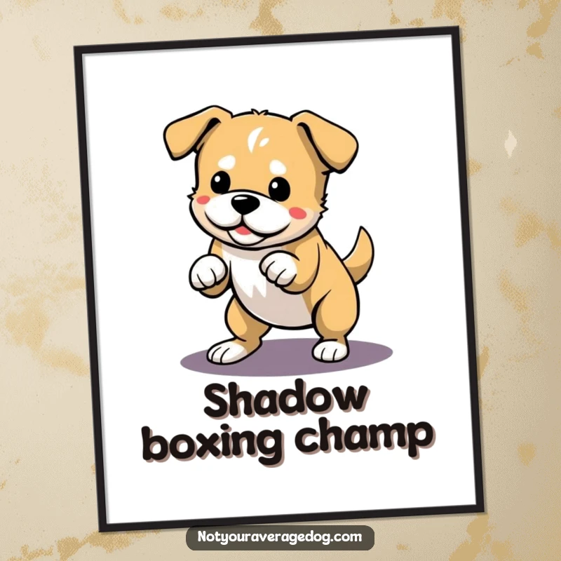 Funny poster print of a dog energetically pouncing towards its own shadow, radiating playfulness and indoor fun.