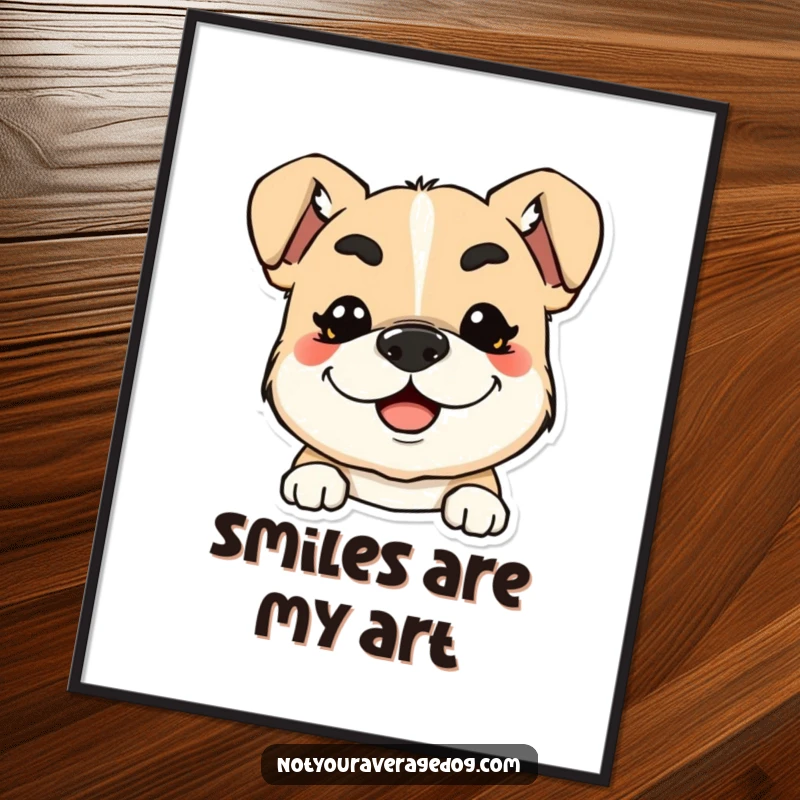 Funny poster of a dog with exaggerated, squiggly eyebrows and a wide smile, perfect for wall decor.