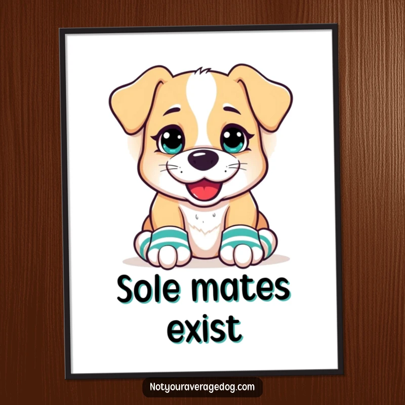 Funny Dog Poster showcasing a dog with a goofy grin, hilariously wearing mismatched socks on its front paws, bringing cheer and laughter to walls.