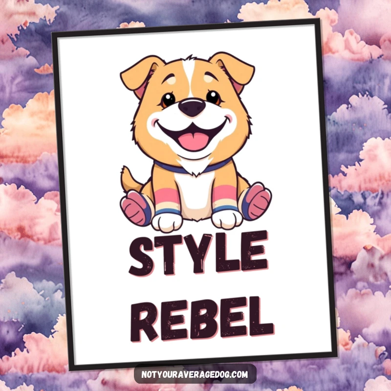 Funny poster of a dog wearing mismatched socks and a silly grin, capturing a moment of pure, unadulterated, and joyous silliness.