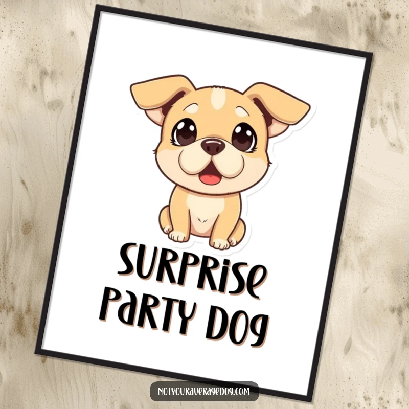 Funny poster showcasing a dog with a dramatically surprised expression and floppy ears, adding instant humor to any room.
