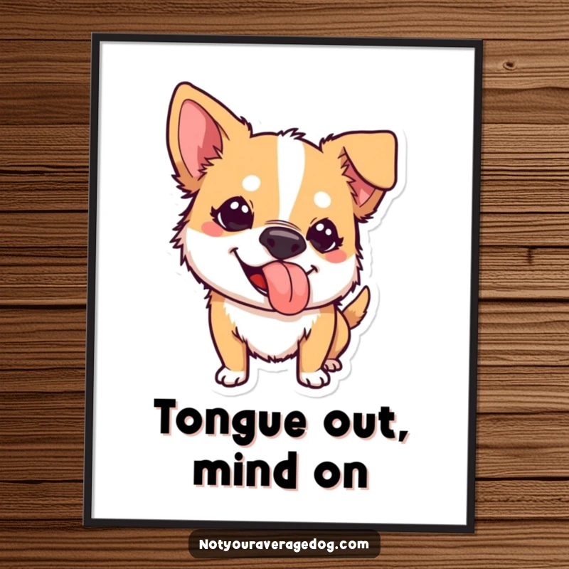Funny poster of a dog sticking its tongue out at an odd angle, capturing a moment of pure, unadulterated, and adorable canine mischief.