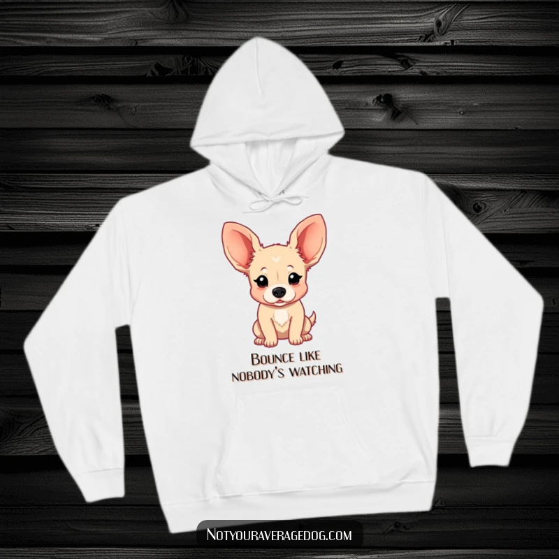 Funny Hoodie depicting a charming dog with exaggerated floppy ears in mid-bounce, capturing a moment of pure, silly delight.