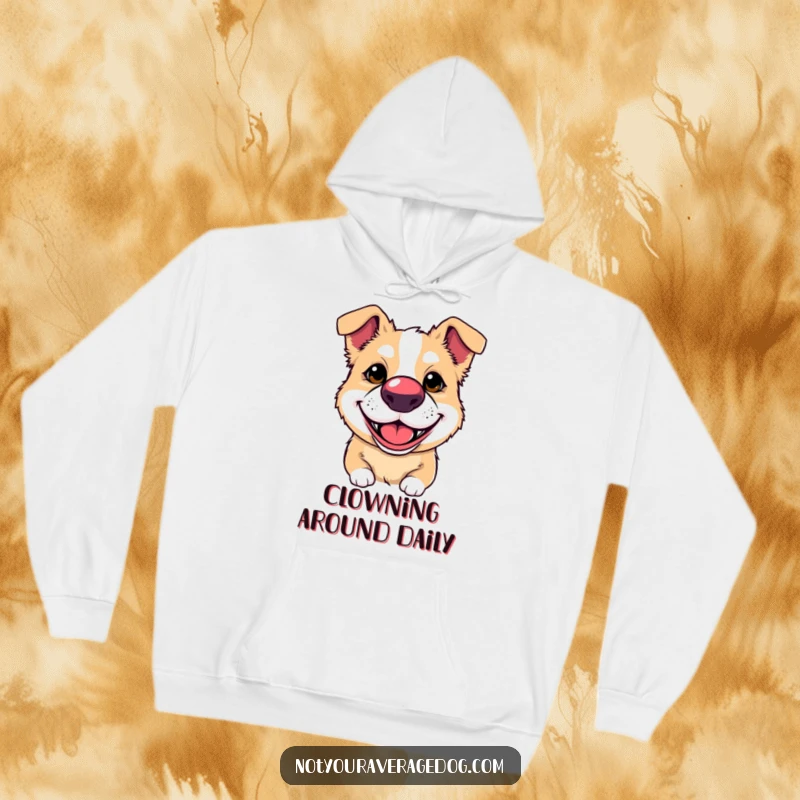 Funny hoodie with a dog wearing a clown nose and a silly grin, designed for cozy comfort and a touch of dog humor.