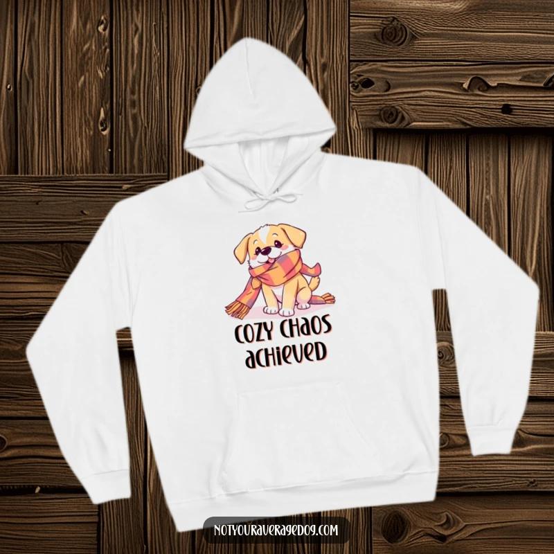 Funny Dog Hoodie showing a dog playfully getting tangled in a very long, colorful scarf, exuding warmth, comfort, and a hint of playful pandemonium.