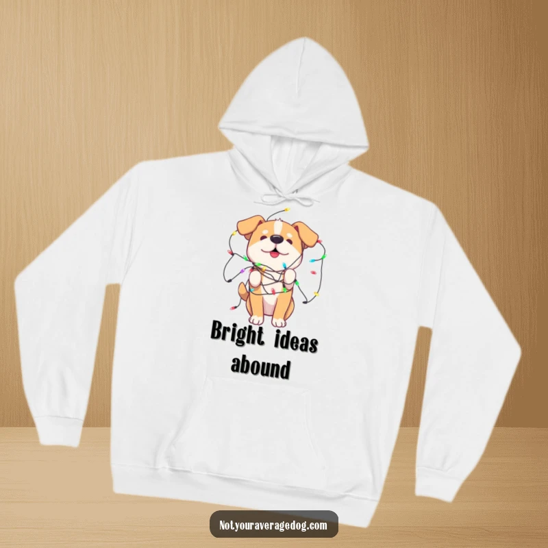 Funny Hoodie featuring a dog hilariously entangled in playful, colorful lights, perfect for cozy holiday cheer.