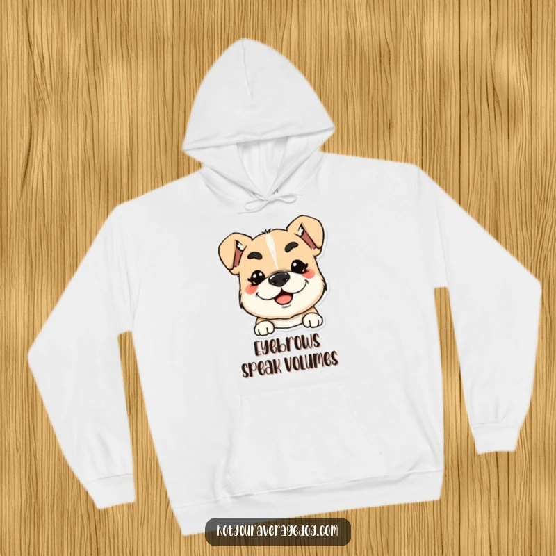 Funny hoodie featuring a dog with exaggerated, squiggly eyebrows and a wide smile, cozy and humorous.