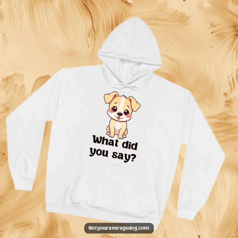 Funny hoodie depicting a dog with its head tilted adorward and ears flopped, looking endearingly curious.