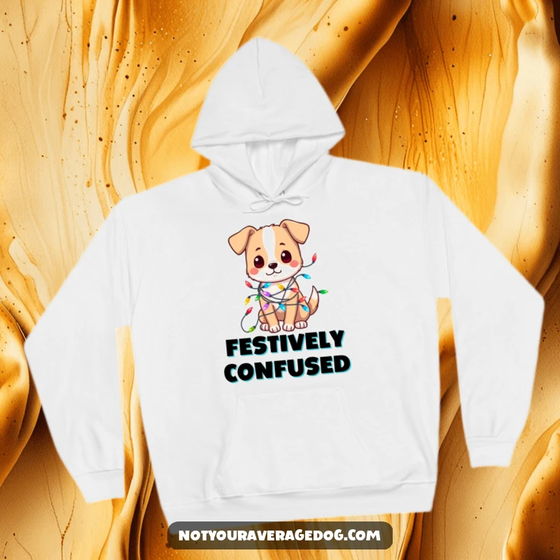 Funny hoodie featuring a dog humorously tangled in a vibrant string of Christmas lights, offering warmth and holiday mirth.