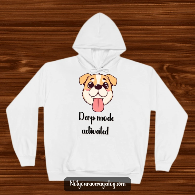 Funny silly dog face hoodie featuring a dog with crossed eyes and a floppy tongue, perfect for cozying up with humor.