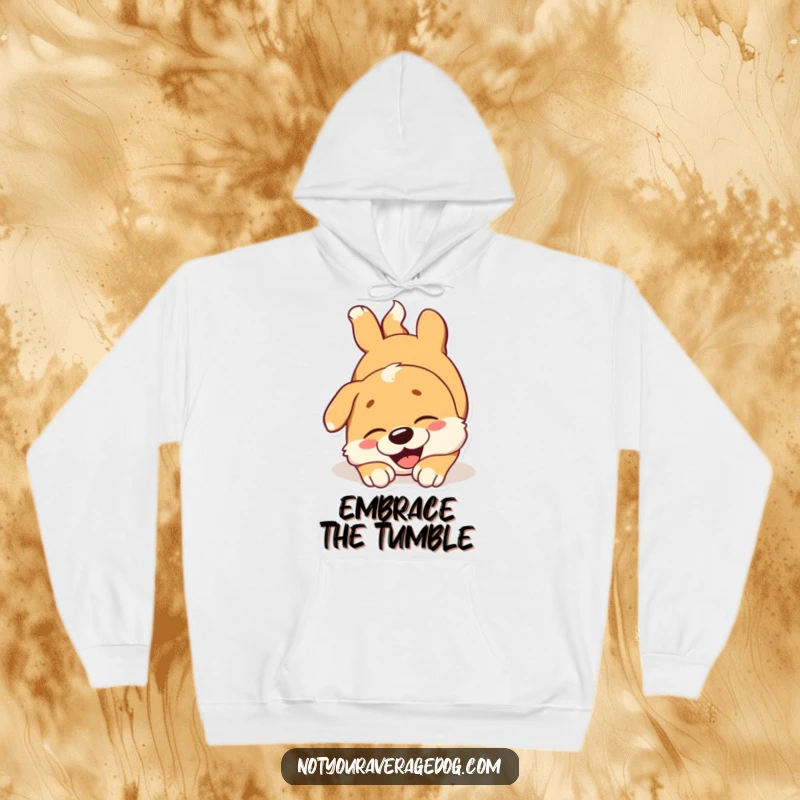 Funny dog hoodie featuring a joyous dog tumbling head over paws, perfect for cozy, fun-loving wear.