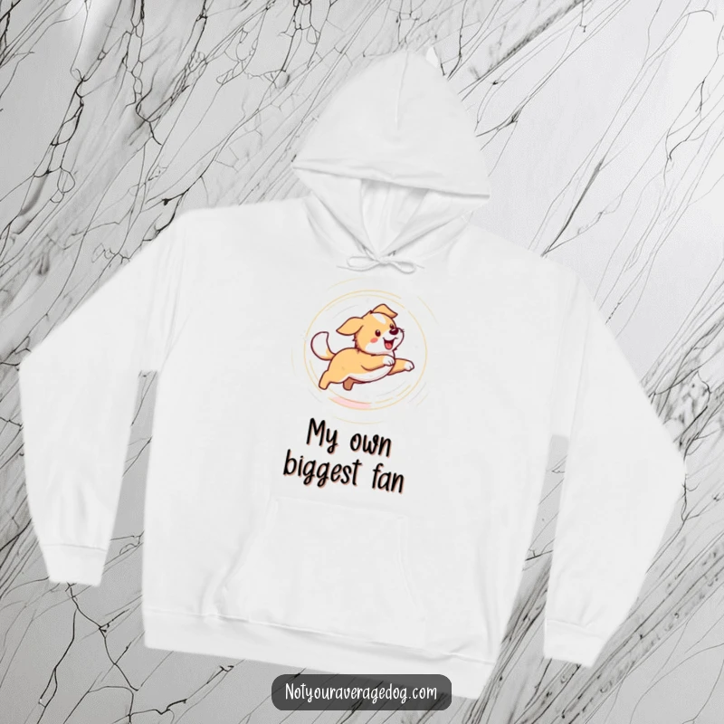 Funny hoodie depicting a dog in a comical, dizzy circle chasing its tail. Soft, warm, and packed with pet-related humor.