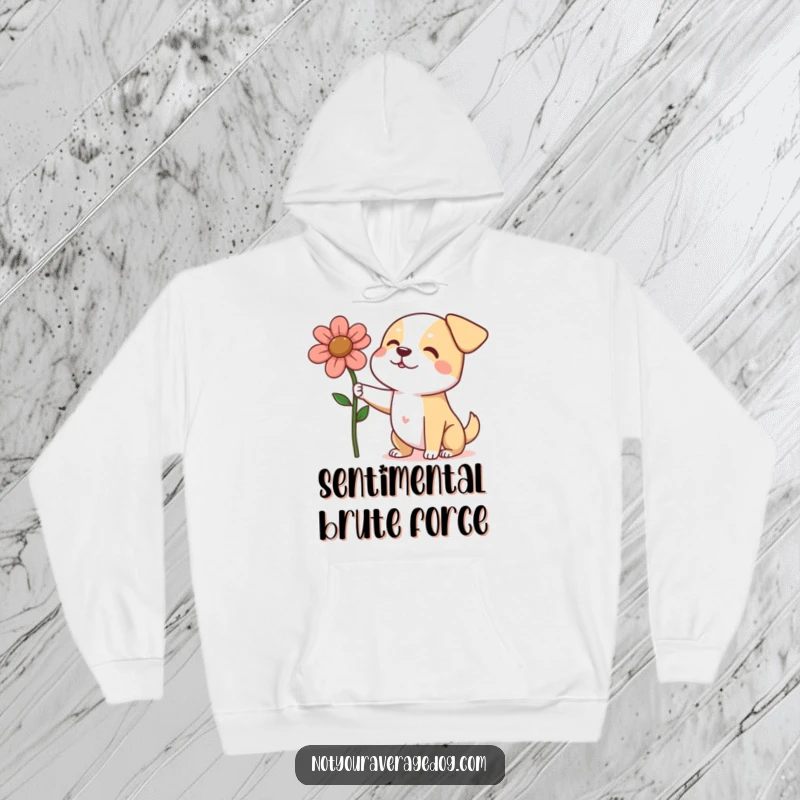 A dog proudly presenting an oversized, squashed flower on a cozy hoodie, symbolizing earnest affection and humor.