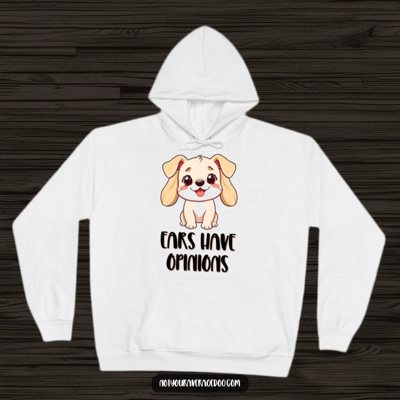 Funny dog hoodie depicting a happy-go-lucky dog with exaggerated, bouncing ears, radiating cheerful vibes.