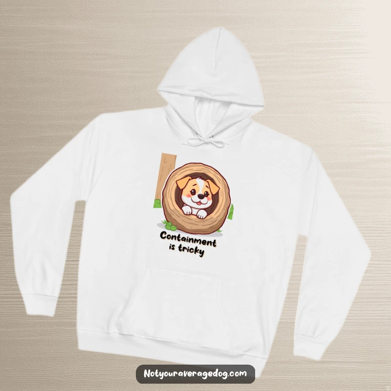 A dog looking confused with its head inside a hollow log, depicted on a cozy hoodie for maximum humorous effect.