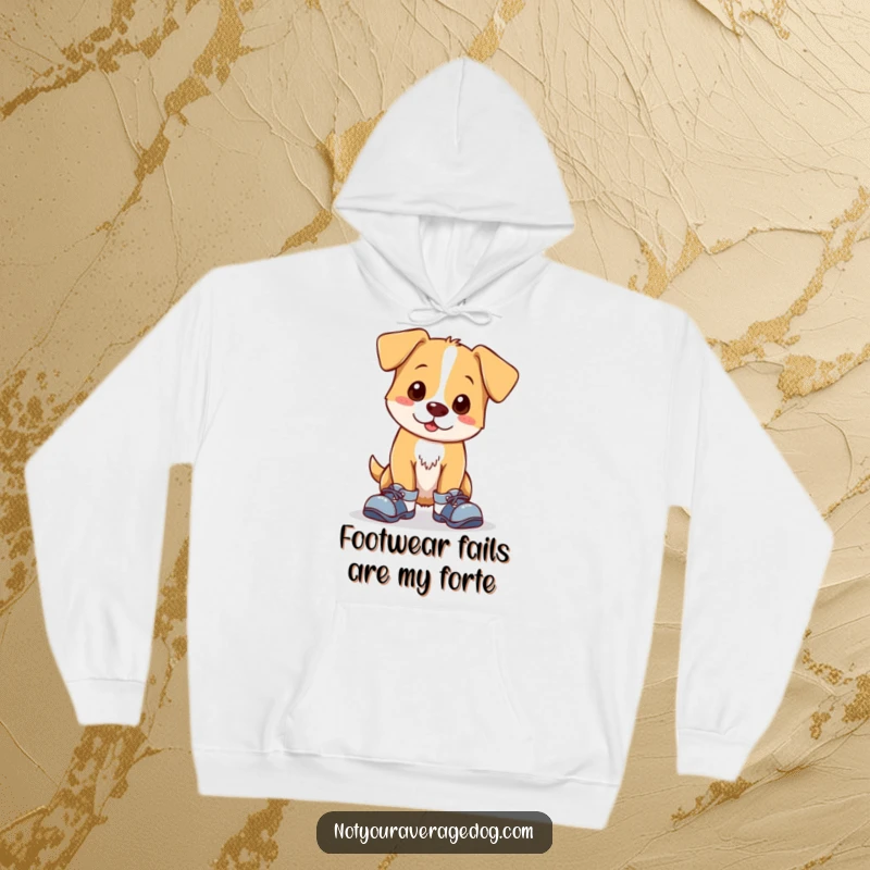 Funny hoodie with a clumsy dog illustration, sporting mismatched shoes with endearing awkwardness. Soft, warm, and humorous apparel for all.