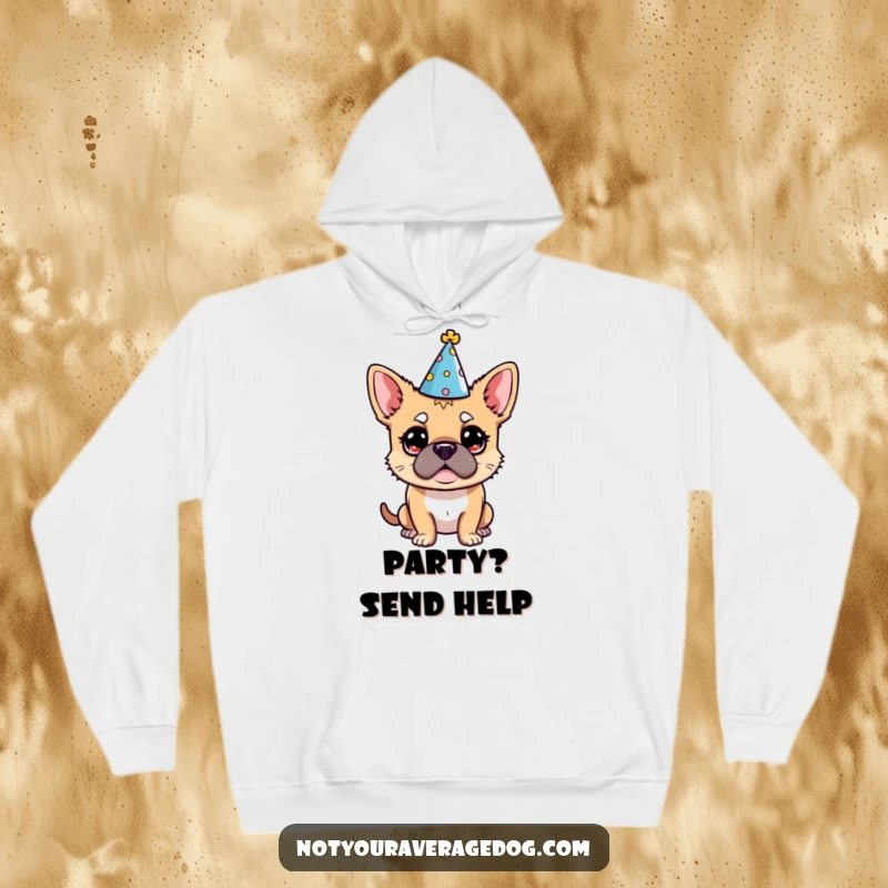 Funny Dog Party Hat Hoodie: A dog sporting a tiny party hat, looking comically bewildered and out of place.