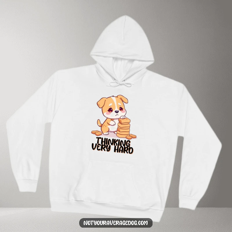 Funny dog with a confused expression, balancing a stack of dog treats, on a hoodie.