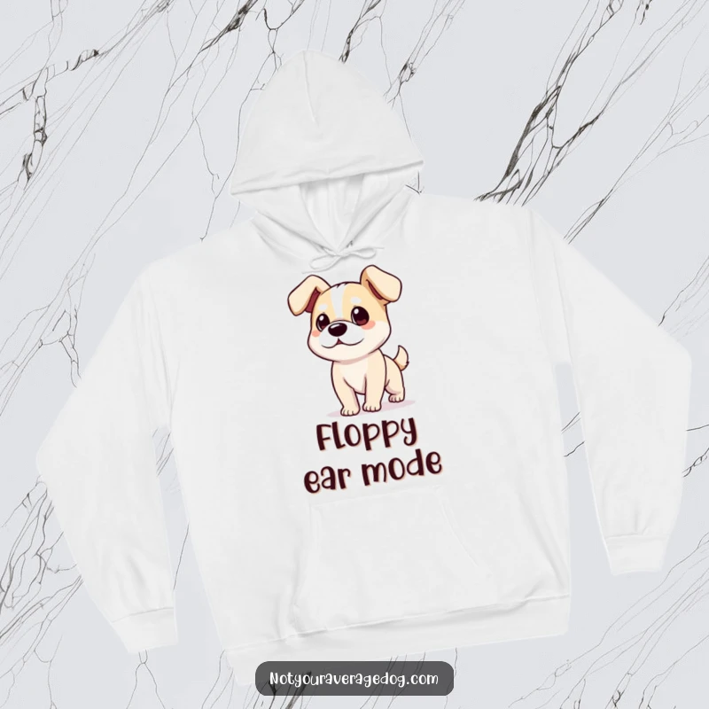 Funny dog with ears flopping comically on a comfortable hoodie, perfect for humorous warmth.