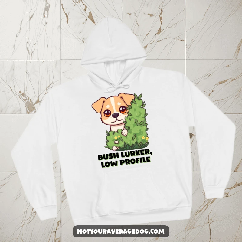 Funny Hoodie depicting a dog with comical googly eyes peering out from behind a bush, creating a sense of playful intrigue and humor.