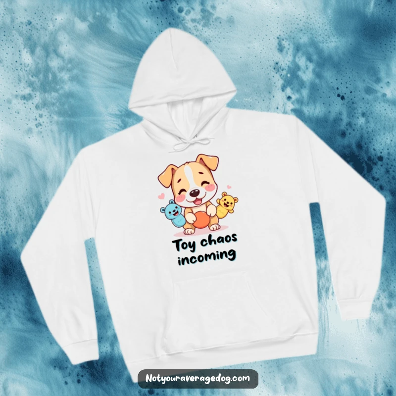 Funny dog hoodie with a character juggling three squeaky toys, perfect for cozy and playful days.