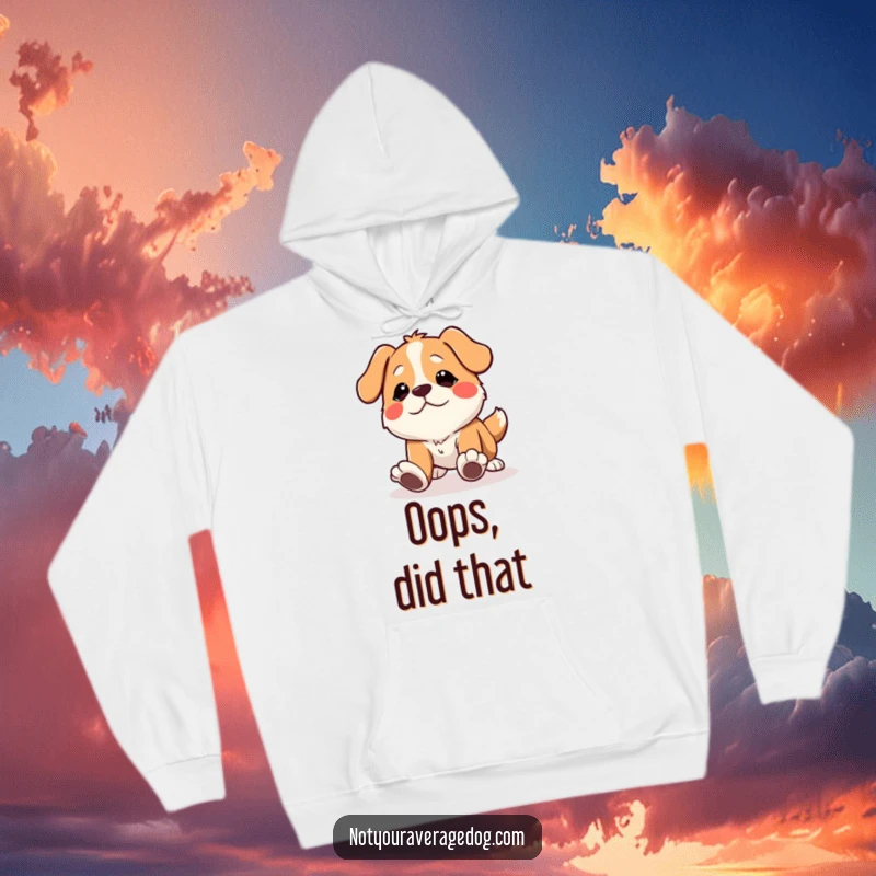 Funny dog hoodie with a character tripping over its own feet with a comical expression, perfect for cozy days.