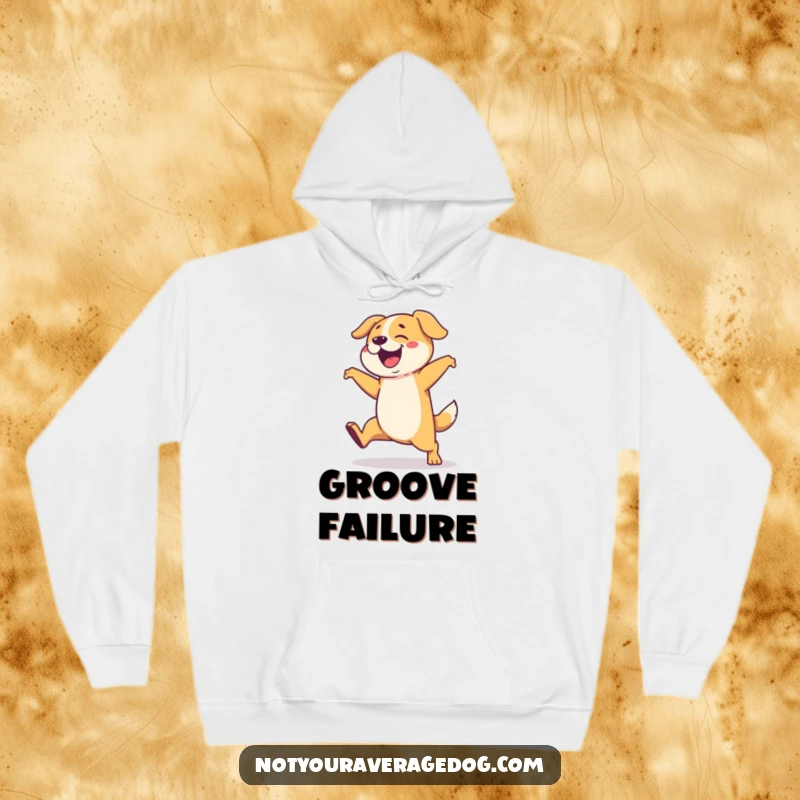 Funny hoodie depicting a dog engaged in a highly exaggerated and clumsy dance routine, full of energetic motion.
