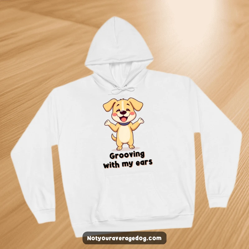 Funny hoodie featuring a dog character dancing enthusiastically with its floppy ears flying, a cozy garment for dance lovers.