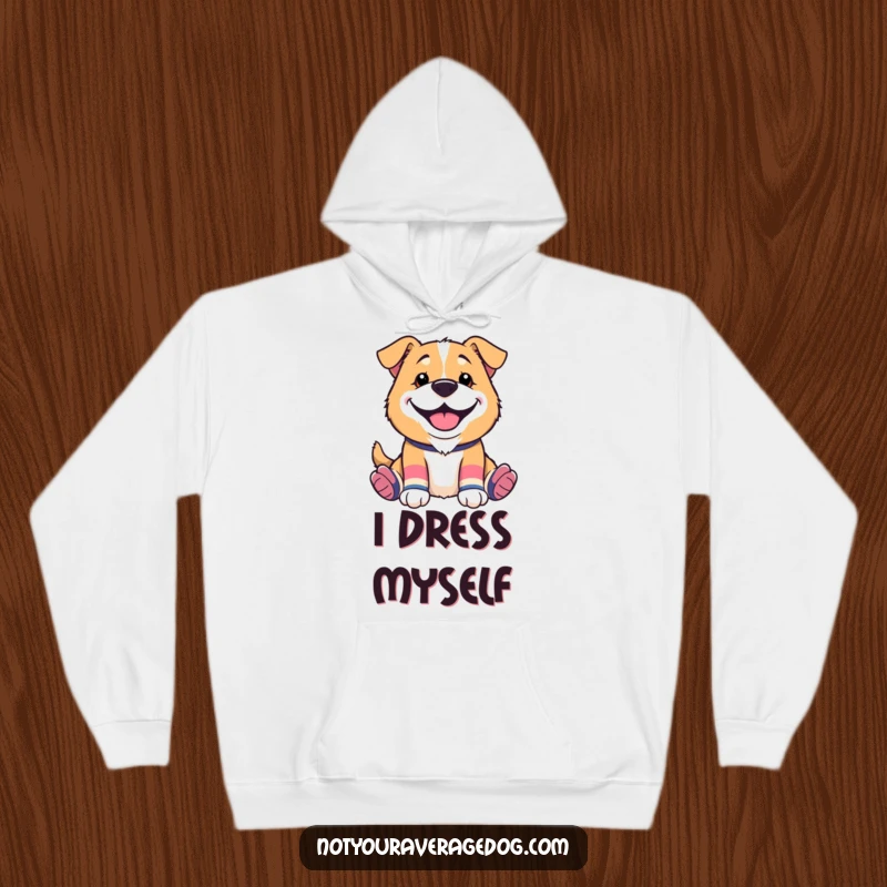 Funny hoodie depicting a dog wearing mismatched socks and a silly grin, perfect for expressing a fun and quirky personality.