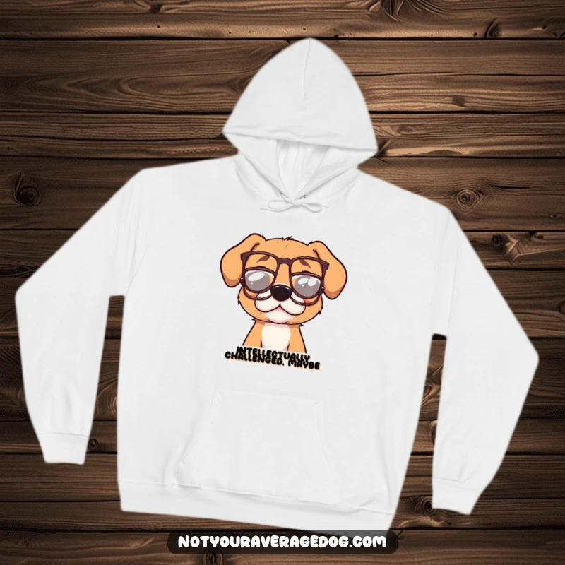 Funny dog attempting to wear tiny, crooked glasses, depicted on a cozy hoodie, a humorous and relatable design for any pet owner.