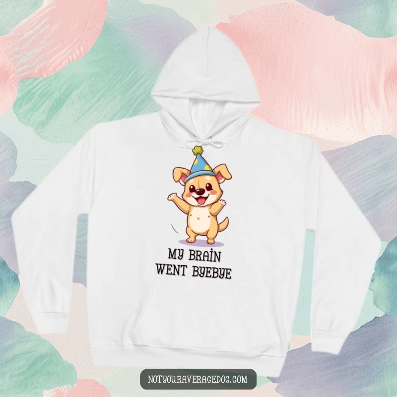 Funny dog in a silly hat caught in a clumsy spin, featured on a cozy hoodie.
