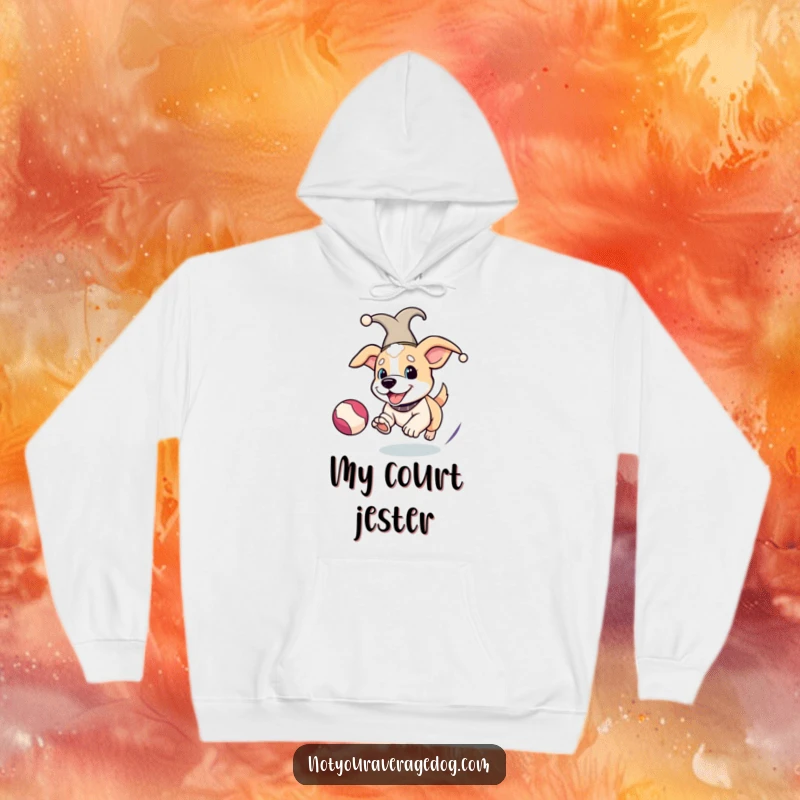 Funny Jester Dog Hoodie: Dog in a jester hat, energetically chasing a bouncing ball, offering cozy fun.