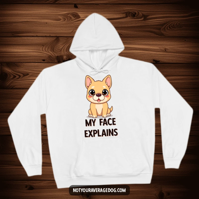 Funny Dog Hoodie: A dog's face wears a comically surprised expression with large, wide eyes, a warm humorous garment.